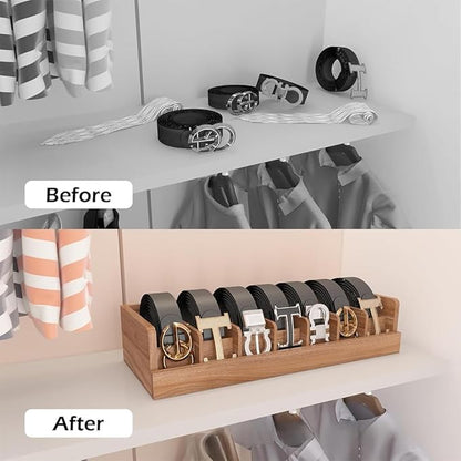 Wood Belt Organizer, 7 Grids Belt Rack, Belt Storage Holder for The Closet and Drawer, Belt Storage Organizer and Displayer, Belt holder Storage Organizer for Men Women, Brown