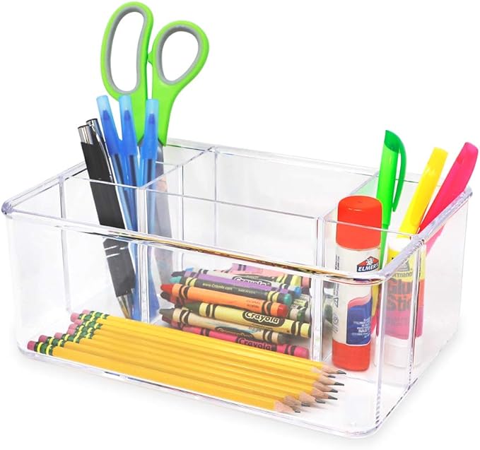Isaac Jacobs 5-Compartment Clear Acrylic Organizer (10” L x 7” W x 4” H), Makeup Brush Holder, Tall Slot, Multi-Sectional Tray, Storage Solution for Makeup, School, Crafts, Office Supplies & More