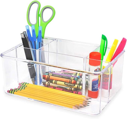 Isaac Jacobs 5-Compartment Clear Acrylic Organizer (10” L x 7” W x 4” H), Makeup Brush Holder, Tall Slot, Multi-Sectional Tray, Storage Solution for Makeup, School, Crafts, Office Supplies & More