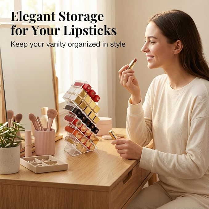 Nimiah Lipstick Organizer Holder 28-Slots - Stackable Clear Fish Shape Lipstick Tower for Vanity, Countertop, Desktop - Space-Saving Storage Holder for Lip Gloss, Makeup Brushes