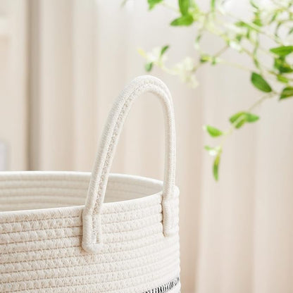VIPOSCO Large Laundry Hamper, Tall Woven Rope Storage Basket for Blanket, Toys, Dirty Clothes in Living Room, Bathroom, Bedroom - 72L Stripe White