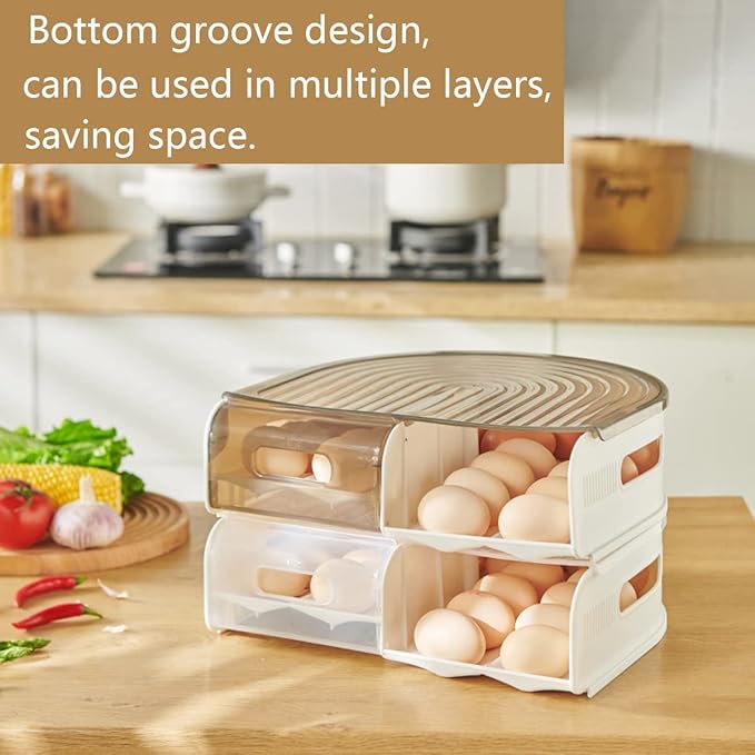 Stackable, Clear Plastic Egg Container with Lid - Rolling Refrigerator Organizer Bins for Eggs