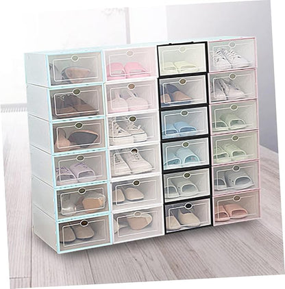 UKCOCO 6PCS Thickened Transparent Shoe Boxes with Stackable Design and Plastic Material Clear Organizer for Women Footwear Storage Black Frame White Color and Space Saving Shoe Storage