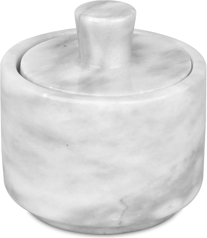 Marble Salt Cellar with Lid, White and Black Stone Salt and Pepper Bowl Box Container Jar Holder Well Keeper Dish Pig Crock