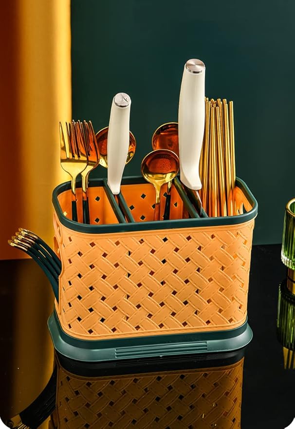 Countertop Cutlery Drying Holder Utensil Holder Cutlery Drainer Tableware Holder Box Tabletop Separated Fork Chopstick Kitchen Storage Cutlery Utensil Organizer (Yellow)