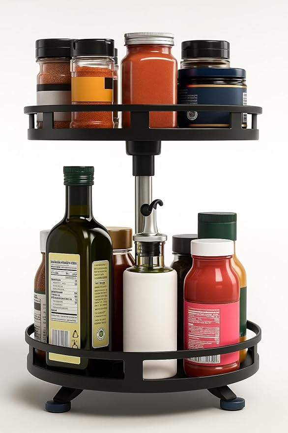 Lazy Susan Organizer 2 Tier 9"x 10" heigh 16" Metal Rotating Spice Rack Two Tier Turntable Organizer for Kitchen Pantry Cabinet Countertop, Tabletop, Bathroom Storage Black