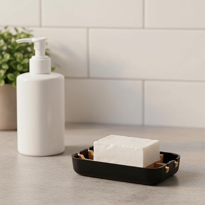 2 Pack Bamboo Fiber Soap Holder and Soap Dish Combination for Bathroom Bar Soap Holder Sink Deck Bathtub Shower Tray (Black)