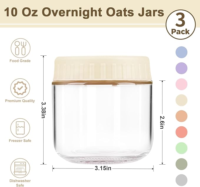 Overnight Oats Containers with Lids, 10oz Wide Mouth Mason Jars with Lids, 3 Pack Glass Jars with Airtight lid for Chia Pudding Yogurt Salad, Meal Prer Oatmeal Jars, Yellow