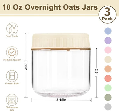 Overnight Oats Containers with Lids, 10oz Wide Mouth Mason Jars with Lids, 3 Pack Glass Jars with Airtight lid for Chia Pudding Yogurt Salad, Meal Prer Oatmeal Jars, Yellow