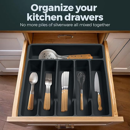 Pantrymade Silicone Silverware Drawer Organizer – Non-Slip Utensil Holder for Kitchen Drawers | Cutlery Tray for Forks, Knives, Spoons & More | Durable, BPA-Free, Easy to Clean – Black