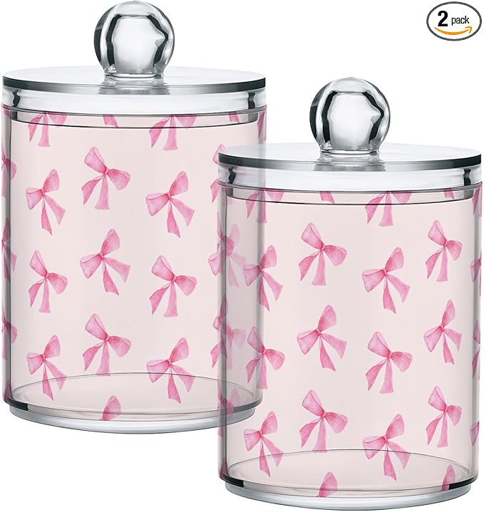 Milk Cow Qtip Holder with Lid 2PCS Apothecary Jars Storage Containers, Clear Plastic Canister for Cotton Swab,Floss Picks, Cosmetics (Pink Bow, one sizex2)