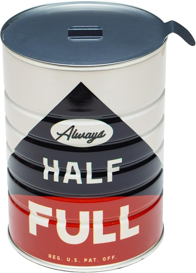 Retro Tin Can, Studio MPLS Designs, Collectable, Peel & Stick Valved End with Metal Lid, 8-12oz (4.0625 x 5.5 in) (Always Half Full Design)
