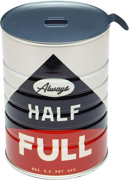 Retro Tin Can, Studio MPLS Designs, Collectable, Peel & Stick Valved End with Metal Lid, 8-12oz (4.0625 x 5.5 in) (Always Half Full Design)