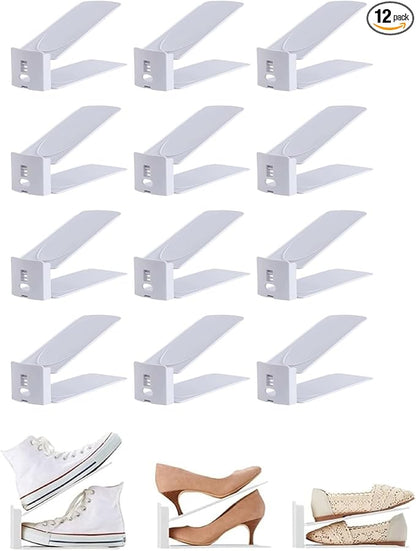 HYGRAD BUILT TO SURVIVE Shoe Slots Pack Of 12 Space-Saving Adjustable Shoe Storage Organiser with 3-Level Height, Non-Slip Shelf Holder, Plastic (White)