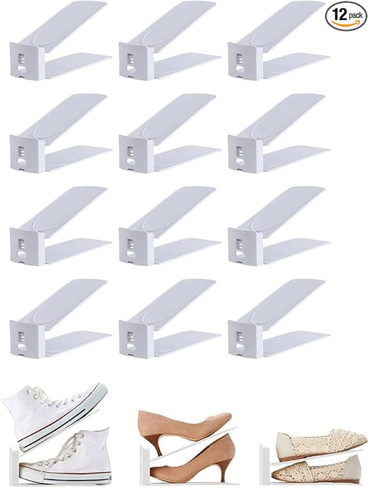 HYGRAD BUILT TO SURVIVE Shoe Slots Pack Of 12 Space-Saving Adjustable Shoe Storage Organiser with 3-Level Height, Non-Slip Shelf Holder, Plastic (White)