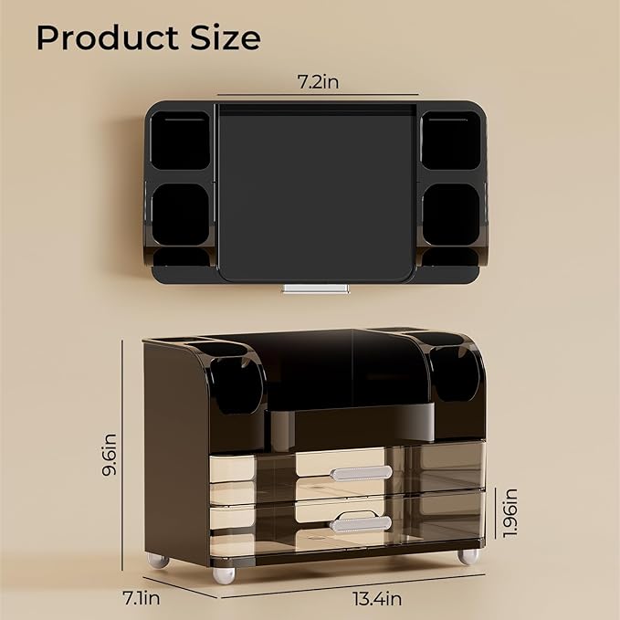 Makeup Organizer for Vanity with 2 Large Drawers, Cosmetic Display Case with Brush Holders, Easy to Storage for Bathroom Countertop Skincare, Perfume, Black