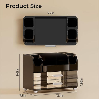 Makeup Organizer for Vanity with 2 Large Drawers, Cosmetic Display Case with Brush Holders, Easy to Storage for Bathroom Countertop Skincare, Perfume, Black