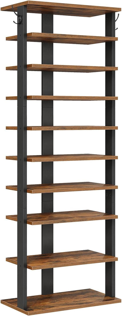 HOOBRO 10 Tiers Vertical Shoe Rack, Wooden Shoe Storage Organizer with Hooks, Narrow Shoe Tower for 20 Pairs, Space Saving, for Entryway, Living Room, Bedroom, Rustic Brown FG140XJ01