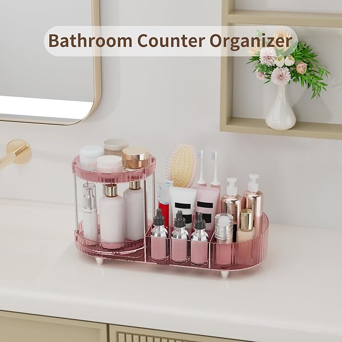 360 Rotating Makeup Organizer for Vanity, 2 Perfume Trays with 5 Compartments Cosmetic & Skincare Storage, Multi-Purpose Countertop Organizers for Bathroom, Desk, Pantry, Space-Saving Beauty Organizer