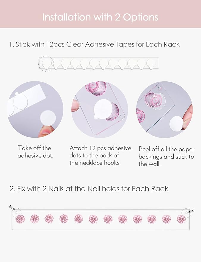 Heesch Necklace Holder Pink, Acrylic Necklace Hanger Wall Mount, Hanging Necklace Organizer, Jewelry Hooks for Necklaces, Bracelets, Chains (2-pack Pink)