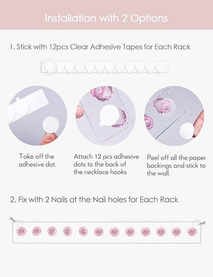 Heesch Necklace Holder Pink, Acrylic Necklace Hanger Wall Mount, Hanging Necklace Organizer, Jewelry Hooks for Necklaces, Bracelets, Chains (2-pack Pink)