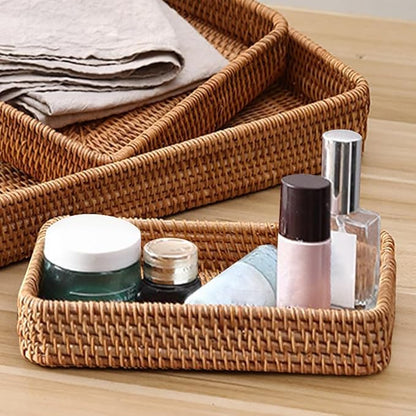 8in Rattan Bathroom Vanity Tray, Toilet Tank Basket, Bathroom Decor Box, Small Narrow Guest Towel Holder for Vanity, Countertop, Bathroom, Kitchen and Cabinet Storage(Color:Wood)