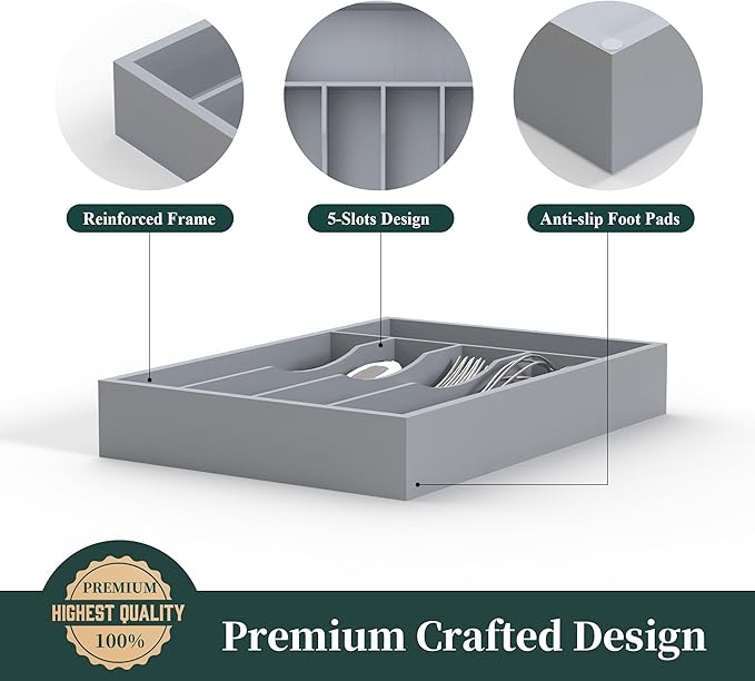 Silverware Organizer, Bamboo Kitchen Drawer Organizer, Utensil Holder, Cutlery Tray & Spoon Flatware Storage with Grooved Drawer Dividers(Grey, 9.5''W x 13.5''D)