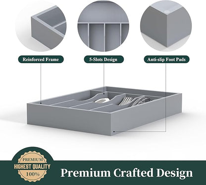 Silverware Organizer, Bamboo Kitchen Drawer Organizer, Utensil Holder, Cutlery Tray & Spoon Flatware Storage with Grooved Drawer Dividers(Grey, 9.5''W x 13.5''D)
