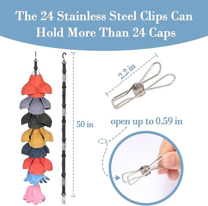 Hat Rack for Baseball Caps Organizer Hat Holder for Closet Hook, Wall and Door 24 Large Clips Cap Storage for Hanging Ball Caps Winter Beanie & Accessories 1 Pack