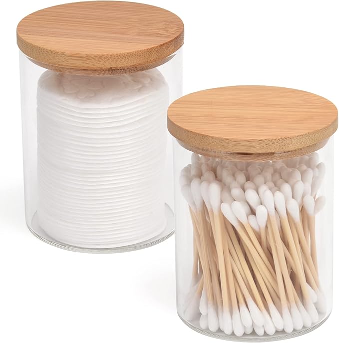 BKYFPQ 2 Pack Glass Qtip Holder Dispenser Set - Apothecary Jars with Lids - Vanity Makeup Organizer and Bathroom Canister Storage Organizer for Cotton Ball, Swab, Round Pads,Floss