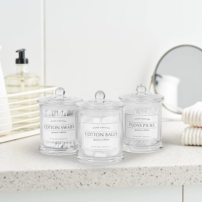 Volisnova 2 Pack Farmhouse Apothecary Jars with Lids - Glass Qtip Dispensers and Cotton Ball Holders for Bathroom Vanity Storage and Organization with 8 Pcs Wterproof Labels (Clear Glass)