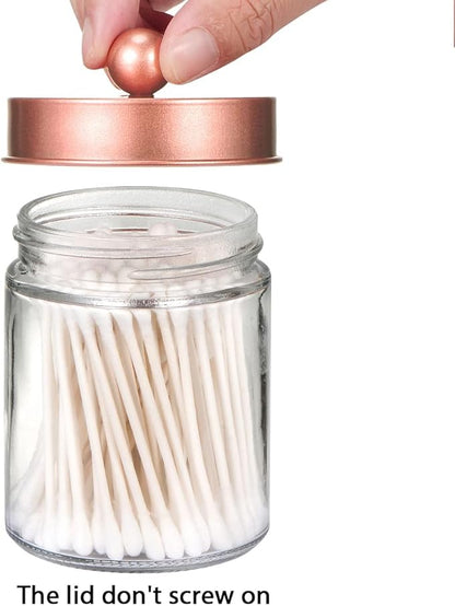 Amolliar Apothecary Jars Bathroom Storage Organizer -Countertop Storage Organizer Canister - Attractive Qtip Dispenser Holder Glass with Lid- for Cotton Swabs,Bath Salts,Hair Band / 2-Pack(Rose Gold)