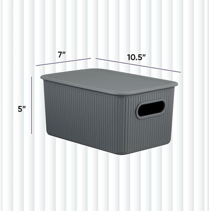 Decorative Plastic Basket Lidded Home Storage Bins Organizer Baskets, Medium Grey (1 Pack - 5 Liter) Stackable Container Box, for Organizing Closet Storage Bins for Shelves - Ribbed Collection