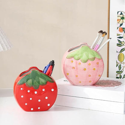 1 PC Ceramic Strawberry Makeup Holder Makeup Organizer Pen Holder Desktop Organizer (Red)