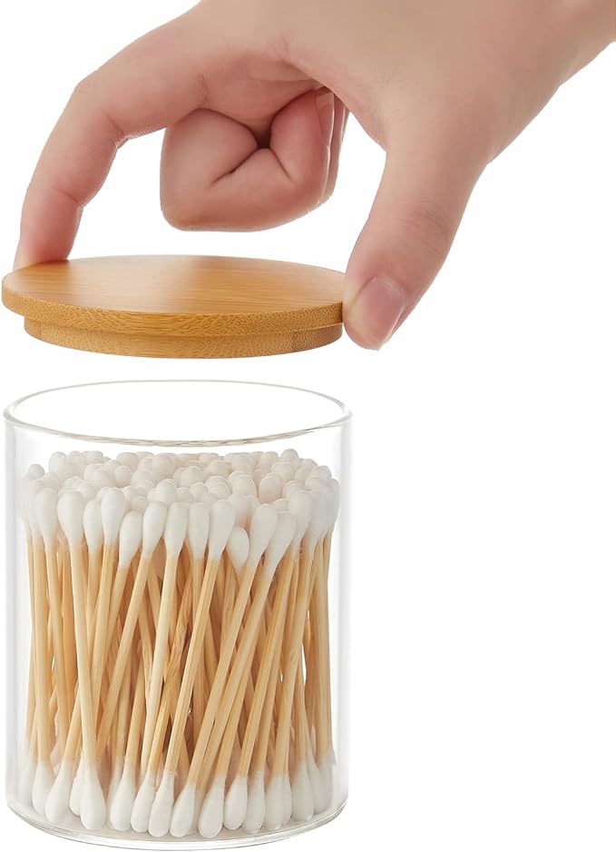 INIUNIK 3 Pack Glass Qtip Holder Dispenser, 20 oz and 11 oz Clear Glass Apothecary Jars, Bathroom Vanity Canisters Organizer Jars for Cotton Swabs, Balls, Rounds, Pads, Floss, Bath Salts