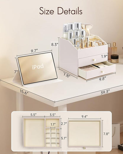 VLANDO Makeup Organizer,Skincare Organizer for Vanity，PU Leather Make up Organizer with Drawers Cosmetic Display Case for Countertop,Perfume,Gifts Ideas for Women (Apricot White)