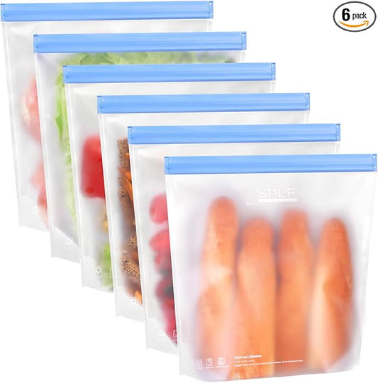 SPLF 6 Pack Stand-Up Reusable 2 Gallon Freezer Bags Dishwasher Safe, Reusable Freezer Bags 2 Gallon, Leakproof BPA Free Food Storage Bags for Marinate Meat, Veggies, Homemade Bread, Snack, Travel Item