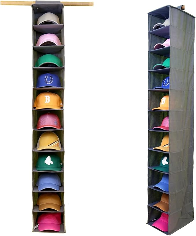 Perfect Curve 11-Pocket Hanging Baseball Hat Organizer - Gray Hat Storage Rack for Closet, Holds Up to 100 Caps. Also store shoes or sneakers or towels. Multiple uses.