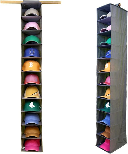 Perfect Curve 11-Pocket Hanging Baseball Hat Organizer - Gray Hat Storage Rack for Closet, Holds Up to 100 Caps. Also store shoes or sneakers or towels. Multiple uses.