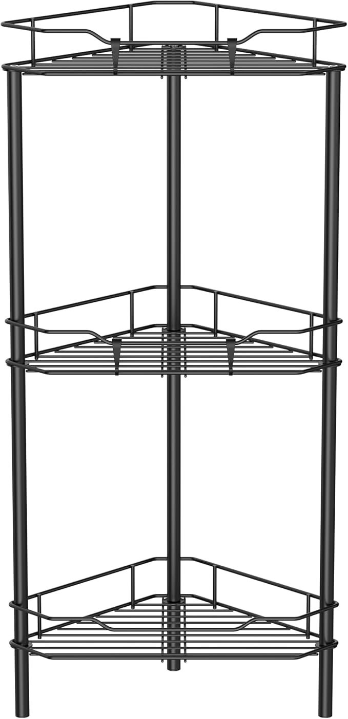 HuggieGems 3 Tier Floor Standing Corner Shower Caddy Organizer Shelf with Hooks, Bathroom Shelves Stand Rack, Black