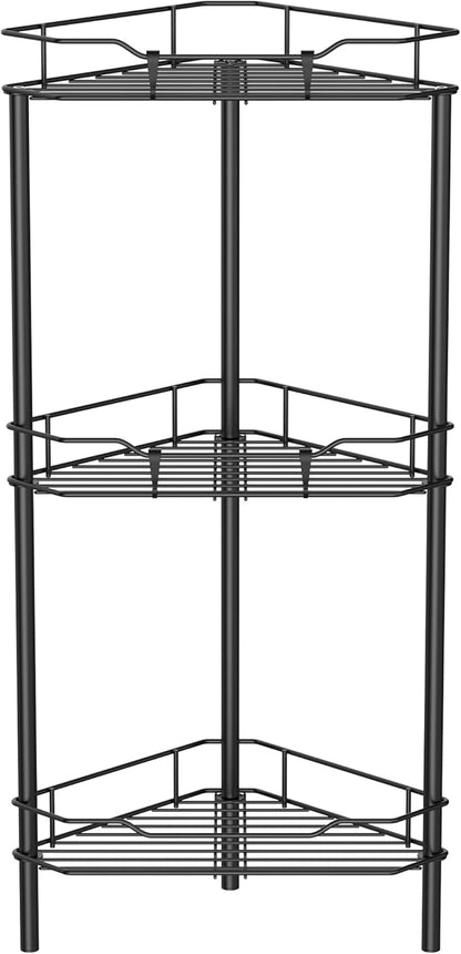 HuggieGems 3 Tier Floor Standing Corner Shower Caddy Organizer Shelf with Hooks, Bathroom Shelves Stand Rack, Black