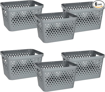 Glad Plastic Storage Basket Set, Value Pack of 6 | Open Storage Bins for Shelves, Bathroom, Pantry, Closet | Nesting Organizer Boxes with Handles, 4 Gallon, Grey
