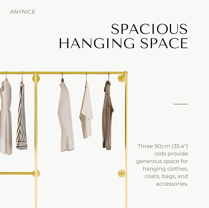Gold Industrial Pipe Clothing Rack 75" W Wall Mounted, Heavy Duty Iron Garment Rack 150 lbs per Rod, Open Closet Organizer for Bedroom Laundry Room Retail Display