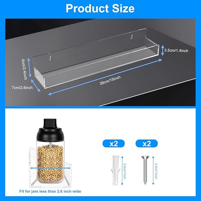 Clear Acrylic Spice Rack Wall Mounted 15 inch Floating Shelf with Removable End Guards for Kitchen Cabinet Door Cupboard Bathroom Holds Jars Nail Polish Books Toiletries (4 PCS)