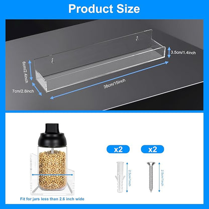 Clear Acrylic Spice Rack Wall Mounted 15 inch Floating Shelf with Removable End Guards for Kitchen Cabinet Door Cupboard Bathroom Holds Jars Nail Polish Books Toiletries (4 PCS)