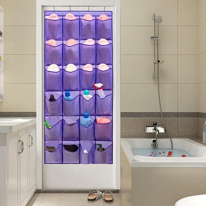 Over The Door Hanging Shoe Organizer Shoe Rack Hanger 24 Large Fabric Pockets Holder with 4 Sturdy Hooks (PURPLE)