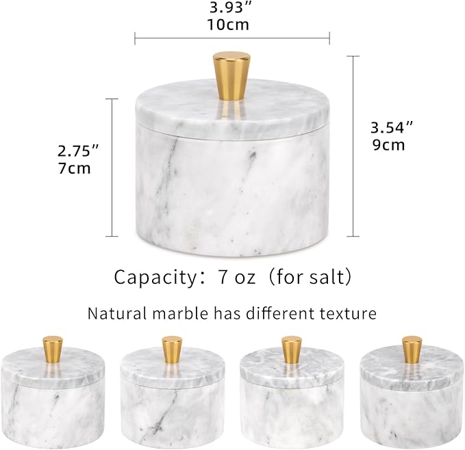 Marble Salt Cellar with Lid, 4 inch Natural Stone Salt Pepper Box, Alloy Lid for Kitchen Countertop Storage (White Grey, 4 * 3.5)