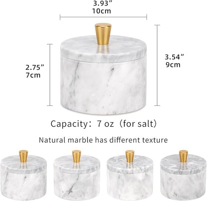 Marble Salt Cellar with Lid, 4 inch Natural Stone Salt Pepper Box, Alloy Lid for Kitchen Countertop Storage (White Grey, 4 * 3.5)