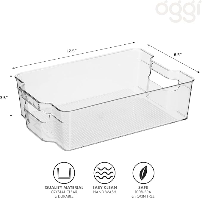 Oggi Stackable Storage Bin With Handle - Wide (12.5" x 8.5" x 3.5") - Ideal for Kitchen Organization, Pantry Storage, Fridge Organizing, Clear
