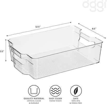 Oggi Stackable Storage Bin With Handle - Wide (12.5" x 8.5" x 3.5") - Ideal for Kitchen Organization, Pantry Storage, Fridge Organizing, Clear